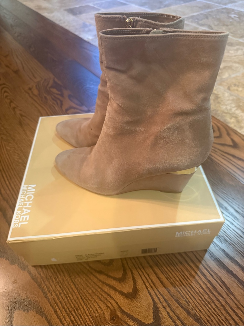 Michael Kors Taupe Suede Wedge Booties with Gold Accent